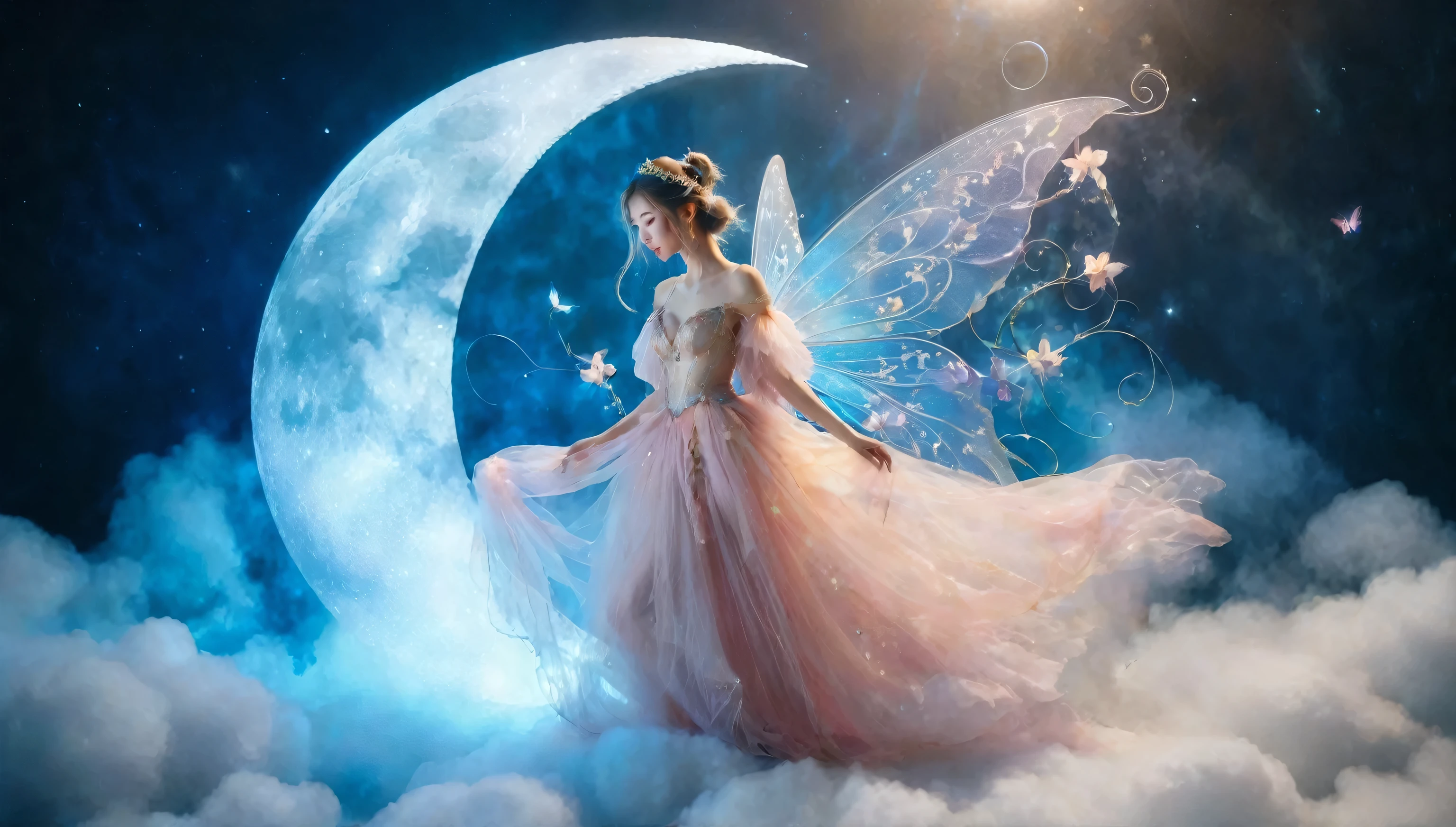 araffe fairy sitting on a moon with a fairy dress, ethereal fairytale, ethereal fantasy, astral fairy, very magical and dreamy, magical fairy floating in space, fairy atmosphere, magical fairy background, fairy aesthetics, fantasy fairytale story, ethereal and dreamy, ethereal wings, beautiful fairy, beautiful adult fairy, ethereal beauty, of ethereal fantasy, dreamy and ethereal