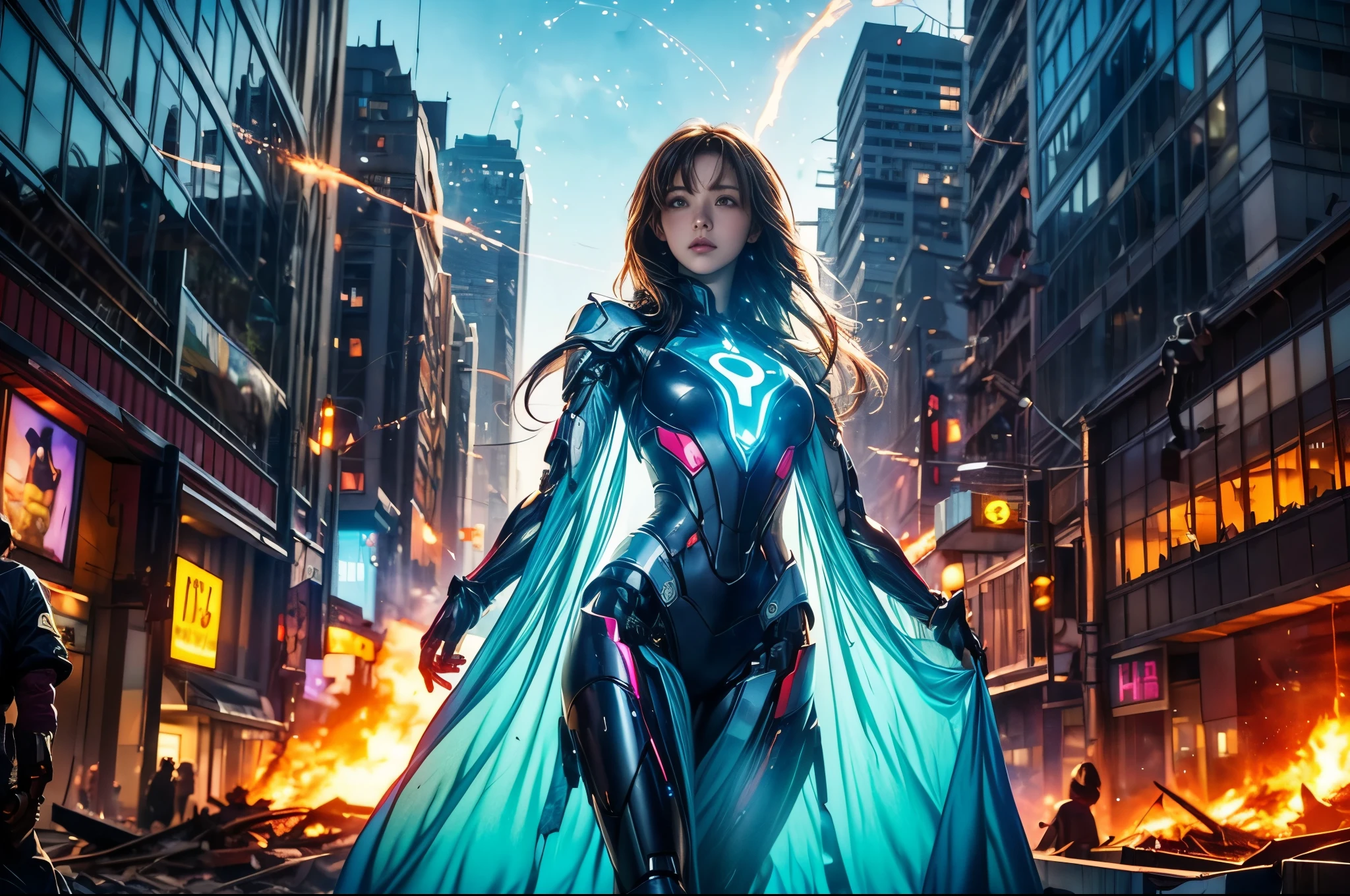 (Highest quality、4K、8k、High resolution、masterpiece: 1.2)、Very detailed、(Genuine、photoGenuineistic、photoGenuineistic: 1.37)、Destruction of a Great City、(A woman with telekinetic powers stands in front of a mecha operated by the invaders:1.37) 、(Women are young and beautiful、1、Unparalleled beauty:1.5)、Inserting mental barriers to resist robot attacks、Bustling city、Bright colors、Shining skyscrapers、Busy Street、Futuristic architecture and technology、Advanced holographic displays、Neon light splashes 、Dramatic lighting、Strong Shadows、The awe-inspiring power of women、There was determination in his eyes、Elegant flowing gown、Dynamic action in the wind、Stretch your arms out and lunge towards the robot.、A powerful energy blasts from the hands.、blue shining aura、sparks of electricity、Electricity crackling in the air、The vortex of energy surrounding women、A fascinating and surGenuine atmosphere、A sense of danger and impending doom、Background chaos and destruction、Crumbling Building、flying debris、Smoke and flames、 The contrast between beauty and destruction、The battle between technology and the extraordinary power of young women。 cr1r3