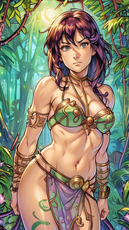 (1girl, Moonmaid), (extremely detailed CG unit 8k wallpaper),(master part), (best quality), (ultra detail), (best illustration),(Tsukasa hojo Style), cowboy shot, (Sharp eyeliner, ombre, detailed eyes:1), vines, jungle, ArsMJStyle, Art Nouveau, break , upper body,pelvic curtain, bikini top, armor, armlet, bracelet,