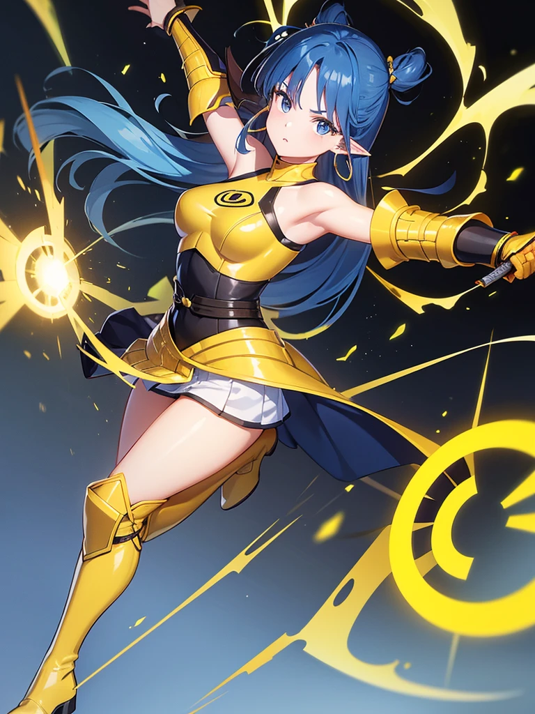 1girl, solo, dark hair, pointy ears, Hoop earrings, long hair, bang, blue hair, simple background,  Samurai armor, yellow armor, tall boots, yellow boots 