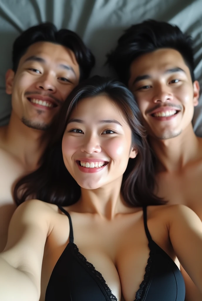 A realistic photo of three Thai siblings. (2 men, 1 woman) A sexy black-haired young woman in a white lace bra is taking a selfie and is clearly seen with her husband and lover., The three of them were excited about the situation and enjoyed the teasing., Another man sitting on the bed, hugging and passionately kissing her. She looked very excited and her breasts were showing..,