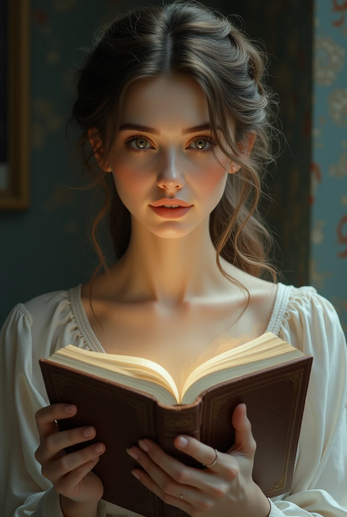 dark , blue eyed, incredibly realistic girl studying in the library