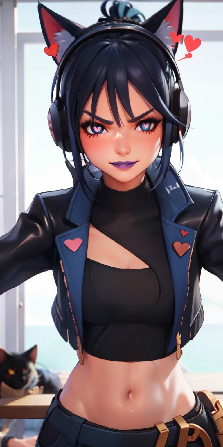 1girl, heart-shaped pupils, heart-shaped_pupils, blue hair, ponytail, short hair, blue eyes, eyeshadow, (blush:1.1),upper body,heart, (speed lines:1.1),medium breasts, love, heart, black jacket, jacket crop top, navel, cat ears headphones, black crop top, purple lips, smile, angry, 1girl solo, kabedon pov, looking at viewer, pov grabs girls waist