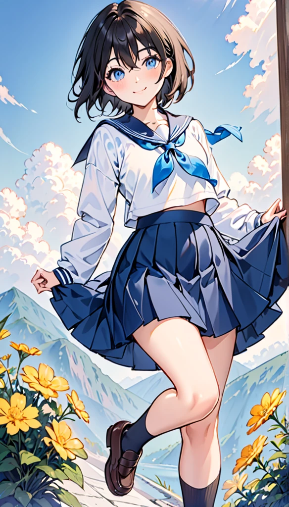 (masterpiece、highest quality、High resolution)、1 girl、black hair、short hair、yellow eyes、whole body、dark blue school uniform、Detailed sailor uniform、red ribbon、short sleeve、pleated skirt、、embarrassed expression、Thinly opened mouth、light blue lace panties、front、The wind flipped up my skirt、station stairs、the wind is strong、