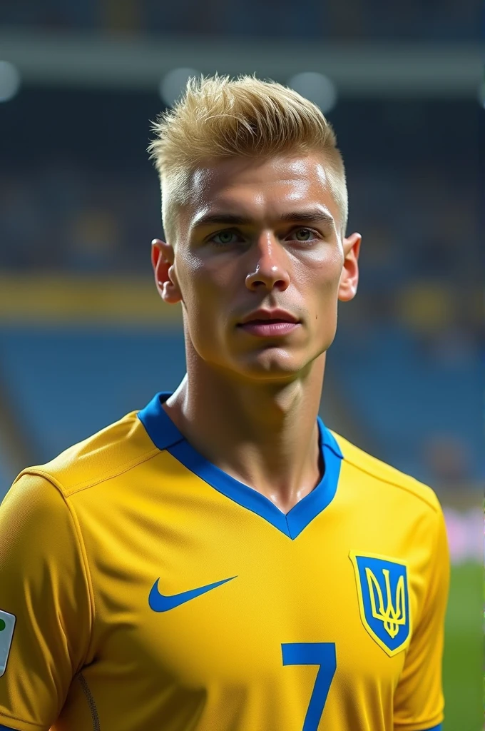 Ukrainian footballer, 20 years old, very short blond hair, number 7, face mix zidane, Andrey Shevchenko and Andrey Yarmolenko