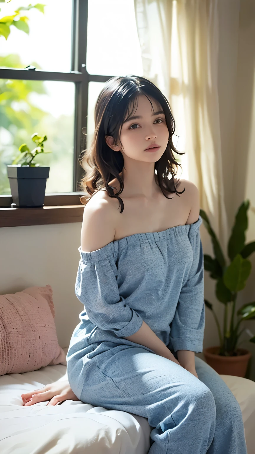 (Photorealism:1.2), Beautiful woman, Sitting on the bed, She is wearing a loose off-the-shoulder top., Pajama pants, Long Curly Hair, indoor, Soft lighting, Background plants, Window with sunlight, Cozy rooms, Relaxed pose, Realistic, Intricate details, Warm colors, 