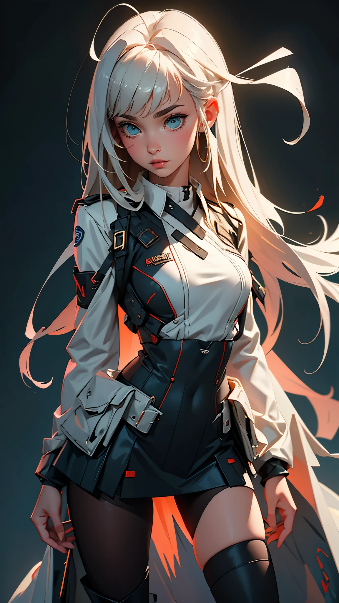 envision a 8k, highres, cinematic, beautiful full body Pinup of a sexy soft woman with a slender plump body, strong face, long silver hair, long bangs, green eyes, Riot Vest, police gear, Military Dress, Tech Accessories, long boots, tactical mini skirt, pantyhose, pale skin, ((((1girl)))), in dark lighting, against a dark gray background