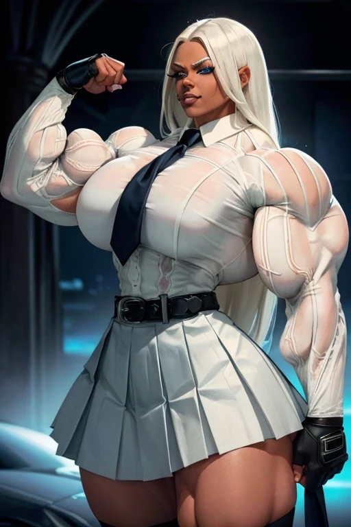 ((Close-up)), tall, (White hair) beautiful muscular woman, long straight hair, brown skinned, closed smile, (black lipstick), (massive muscles), (hyper muscle), ((ginormous bulky muscles)), ((glowing blue eyes)), (((long sleeve white school uniform shirt))), ((black long pleated skirt with belt)), (fingerless gloves), necktie, thigh highs, morning in college,