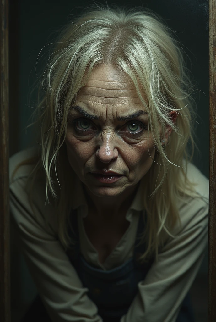 A highly detailed and hyper-realistic depiction of a disgusted old red skin blonde woman with scars and wrinkles on her face. The character is surrounded by mist, evoking a mysterious and eerie atmosphere. The lighting is dark and atmospheric, with a red smoke adding a touch of sinister ambiance. The image is of the best quality, with a resolution of 4k and HDR enhancement, showcasing the utmost level of detail and realism, sfw, full body shot.