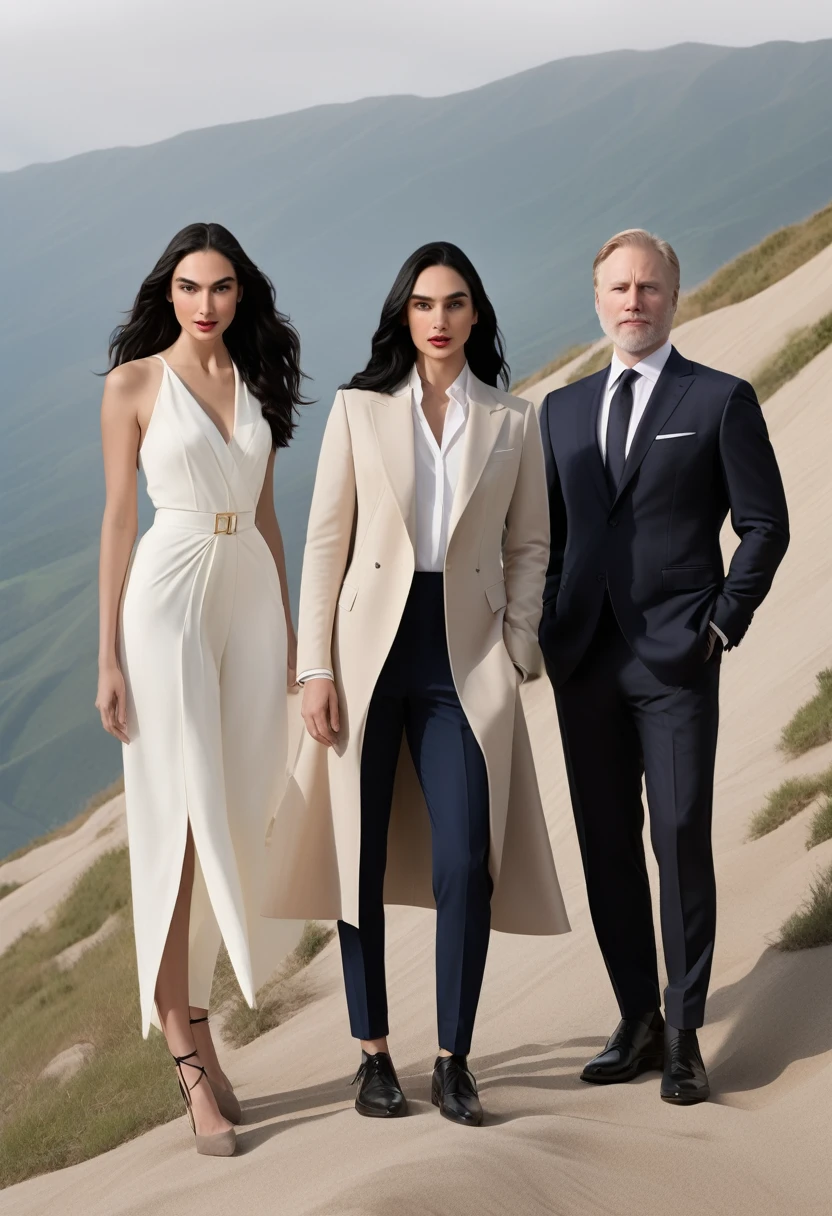 Create the image of an 1 boy, identical to Gal Gadot, very long black hair, next to two men on a slope.
A short blond man.
And a white man with black hair.
Everyone is dressed casually and the position shows interest in the woman.. 