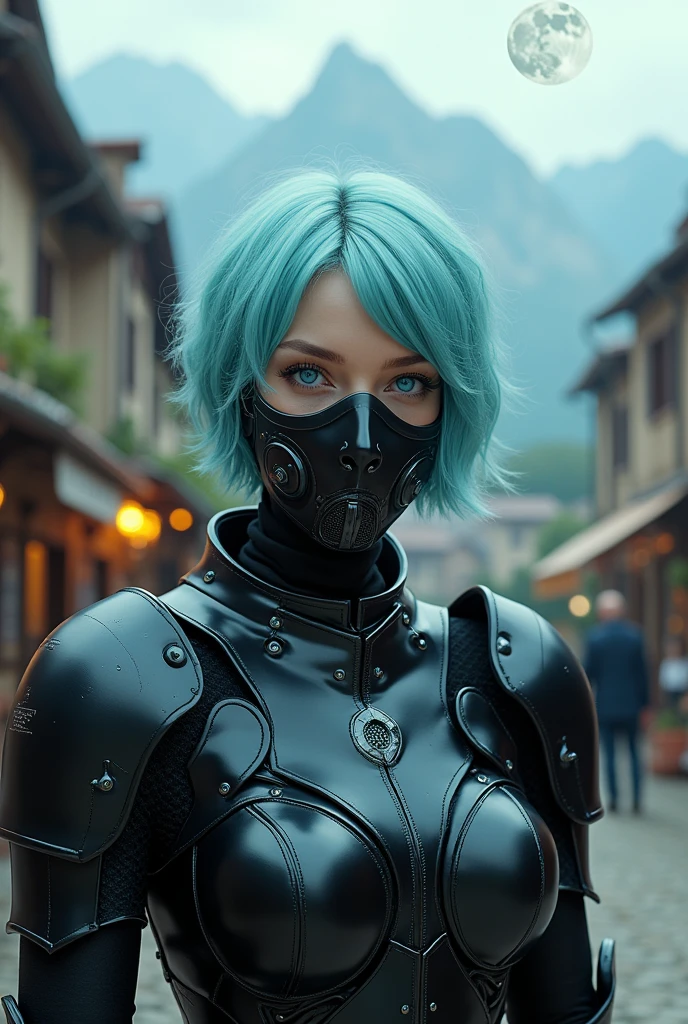 centered, upper body, award winning upper body portrait, (detailed face), (beautiful detailed eyes:1.2), (glowinig eyes:1.2), (aura:1.1), | solo, knight woman, short hair, aqua hair color, light blue eyes, (black knight tight armor), (iron plate mouth mask:1.2), | symetrical and detailed armor, | fantasy town, medieval, european street, | bokeh, depht of field, | hyperealistic shadows, smooth detailed, blurred background,