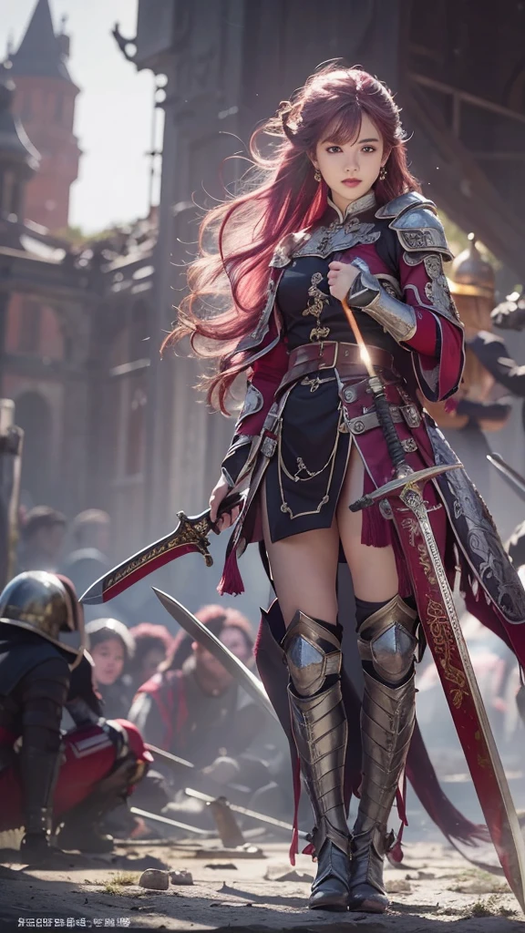 with high definition images，masterpiece、In a destroyed, burning city、In a medieval English town、(Maroon hair:1.2)、(Facial details:1.2)、(Crowdsourced:1.2)、(View your viewers:1.2)Steel Armor、Great Sword、(8k、最high quality1.2)、Super detailed、8k UHD、Soft Lighting、high quality、Film Grain、Beautiful lighting、Cinematic、perfect body、Best lighting、Best Shadow、Sharpness、contrast、In a dignified manner、Standing up and looking at the camera、The holy sword shines、