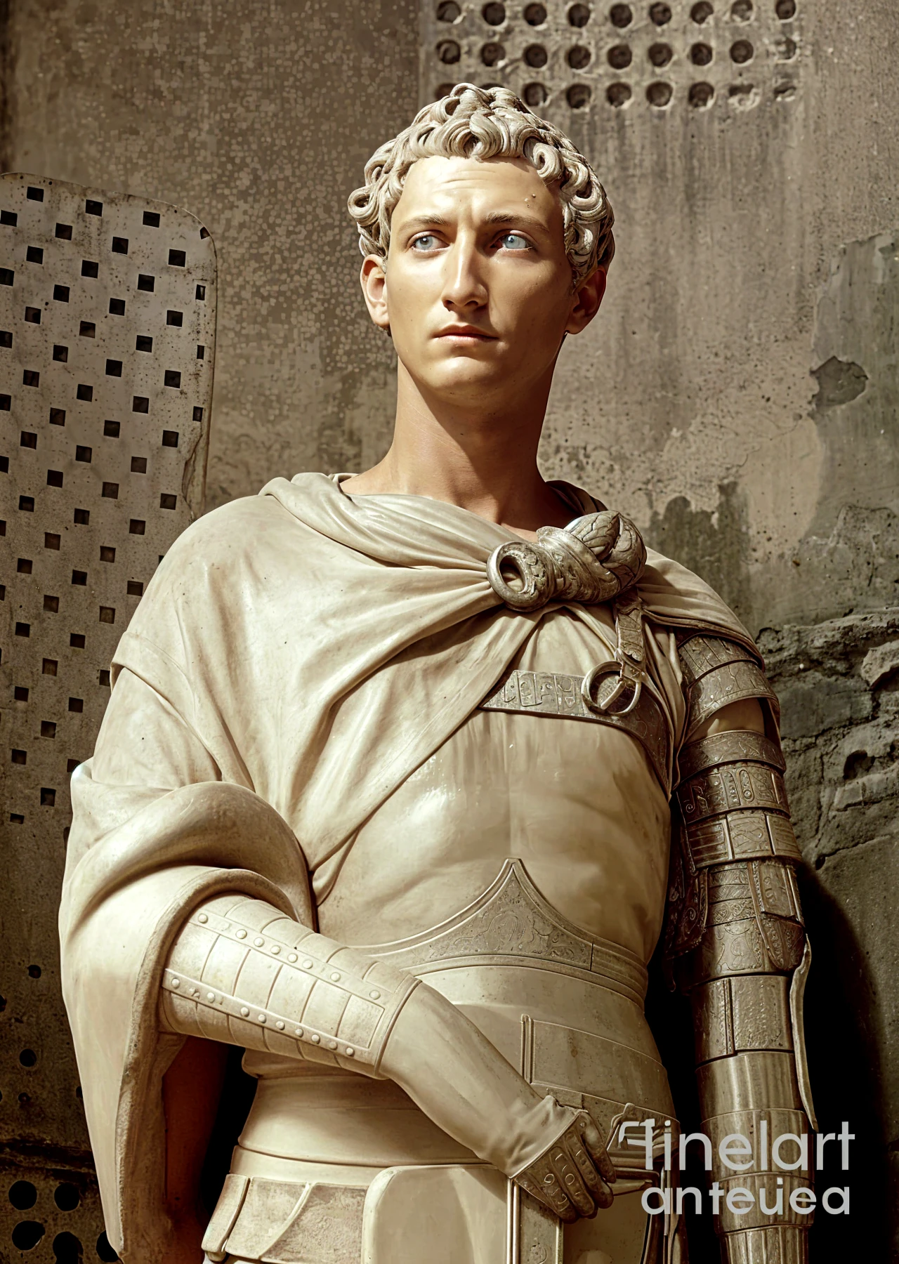 Alexander the Great in Greek aesthetics, looking to the side with reflective thoughts about philosophy, realistic and well-defined face, without a beard, with the sword and the philosophy parchment in his hand. quality image aimed at admiration and reflection with respect