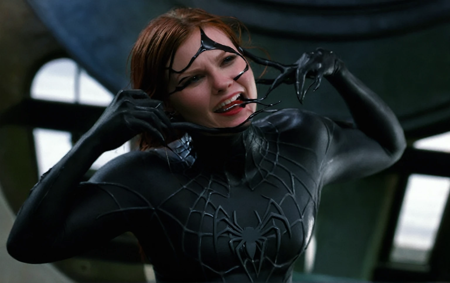 Dark Moody Atmosphere, <lora:Symbiote:1> Cinematic Film stock footage in (arri alexa style) Kodak film print,
a woman with a spider web on her body symbiote style, dramatic, mysterious, dark moody atmosphere
