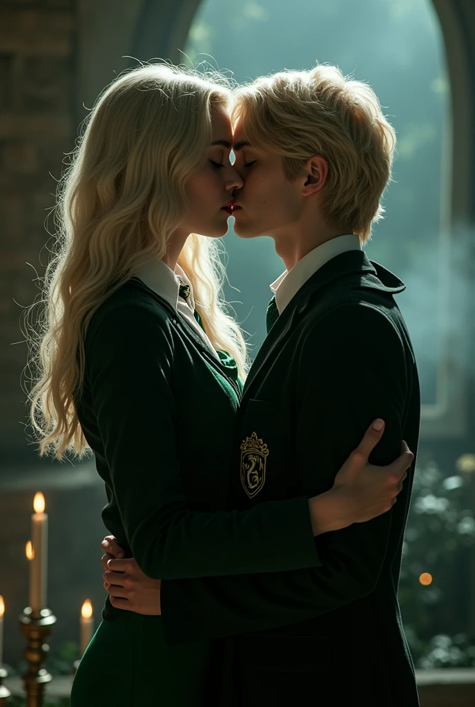 they kiss each other on the street in the dark, Filmed at night, against the background of trees They are in love, couple kissing, kissing together, blonde girl