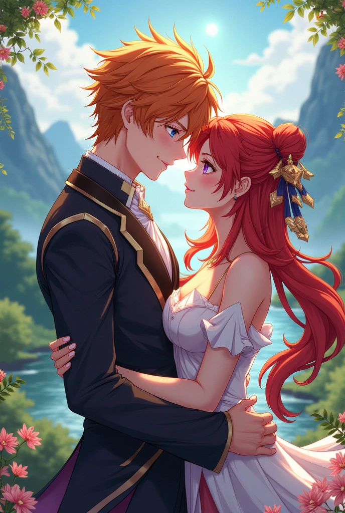 "Generate a mature couple passionately kissing under a starry night sky, showcasing romance with gorgeous lighting. The woman has flowing red hair and captivating blue eyes, while the man has charming blonde hair and enchanting green eyes."