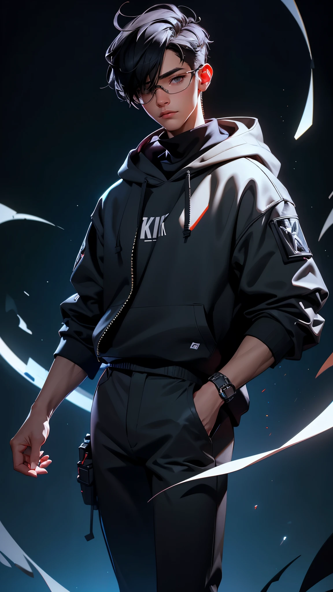 envision a 8k, highres, cinematic, detailed, semi realistic full body pinup of a handsome boy with a slender body and short black hair, dark eyes, oversized hoodie, Black pants, Tech accessories, visor eye glass covering one eye, (((1boy))), in dark lighting, against a dark background