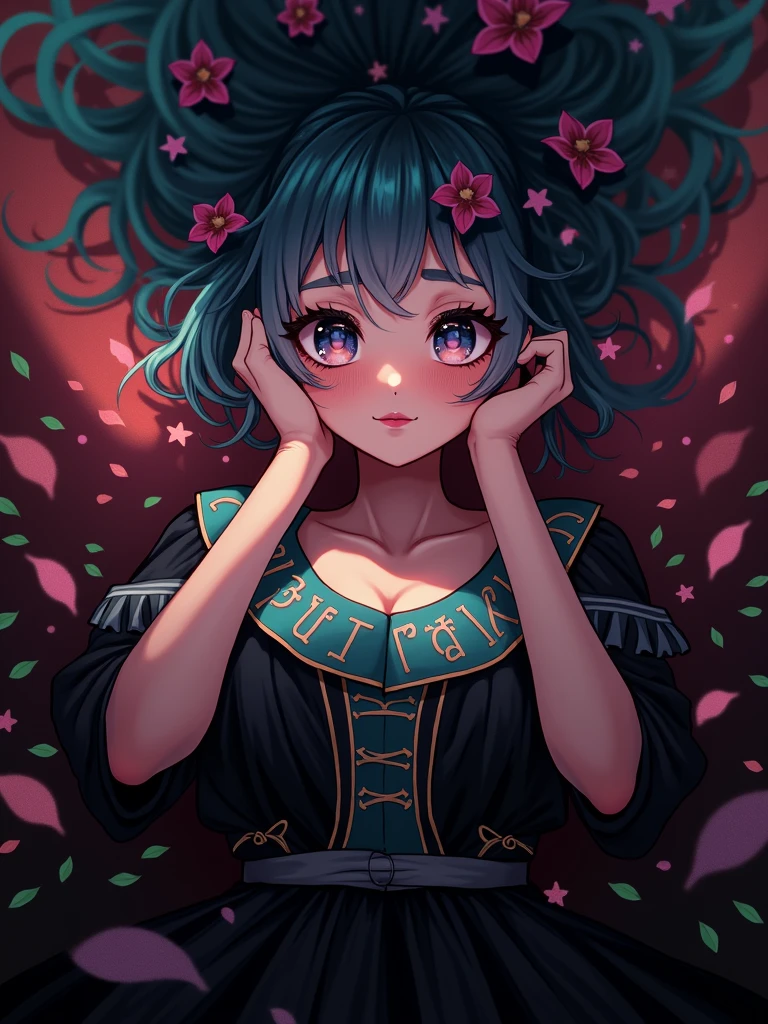 masterpiece, best quality, 1girl, mitama, ahoge, thick eyebrows, short eyebrows, (very long hair:1.2), blue hair AND green hair, bangs, green detailed eyes, flat chest, collarbone, red makeup, <lora:Mitama_v2.2:1>, high detail skin, shiny skin, looking at viewer, light smile, closed mouth, (black sundress:1.5), arms behind back,
outdoors, flower field, sunrise, rim lighting,