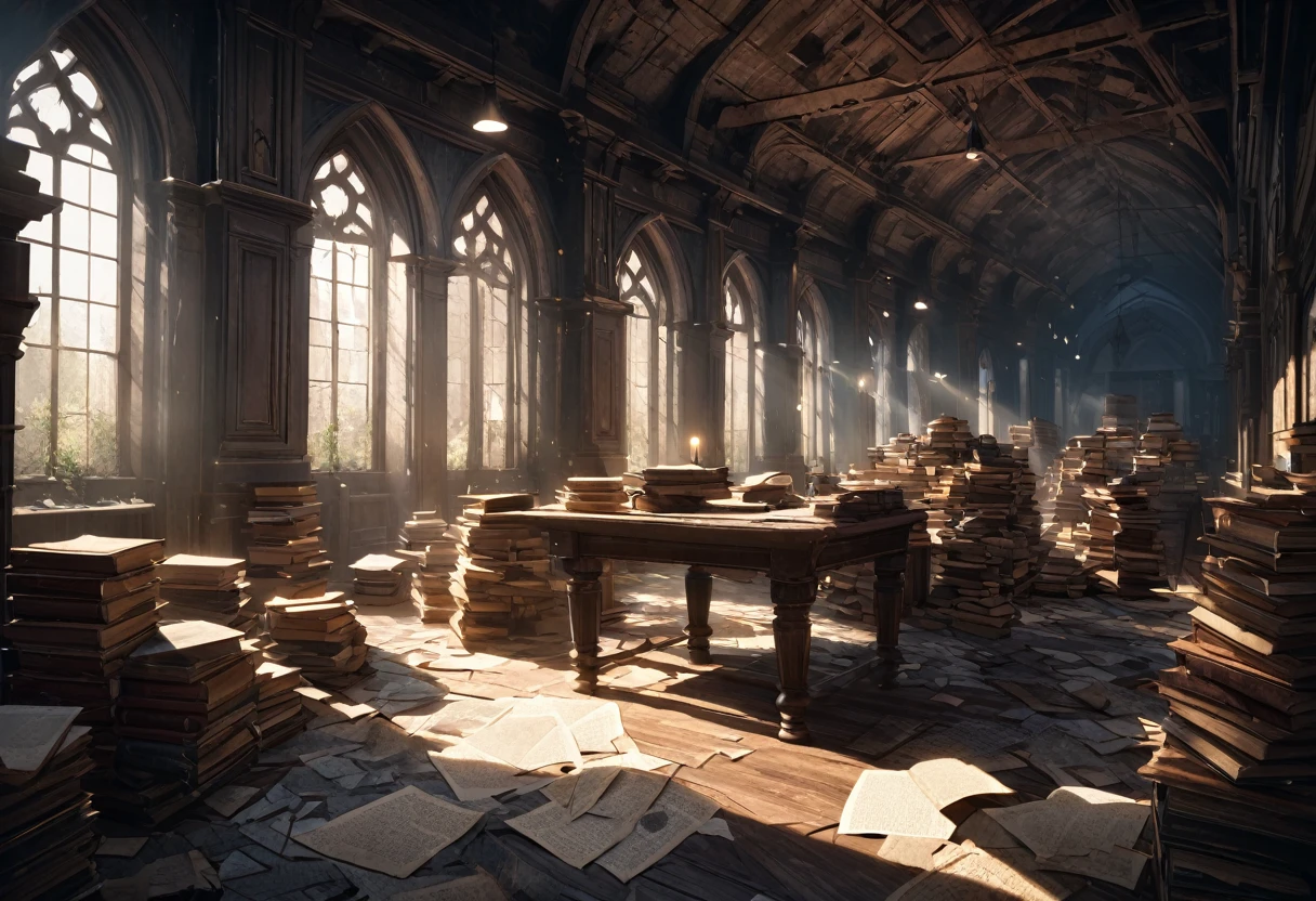 A vast, abandoned library filled with towering shelves of dust-covered books, each one bound in cracked leather. The air is thick with the scent of aged paper and damp wood, as the ceiling above has partially collapsed, allowing a few stray beams of moonlight to penetrate the darkness. Cobwebs hang from the corners of the shelves, and the floor is littered with fallen books and decaying manuscripts. An ornate, but weathered, wooden table sits in the center, its surface covered in faded maps and mysterious artifacts. The atmosphere is one of quiet decay, where the remnants of knowledge and power from a forgotten era linger in the shadows. (Dark and mysterious), (Detailed textures), (8K resolution), (Atmospheric lighting), (Gothic style), (Bokeh effect)