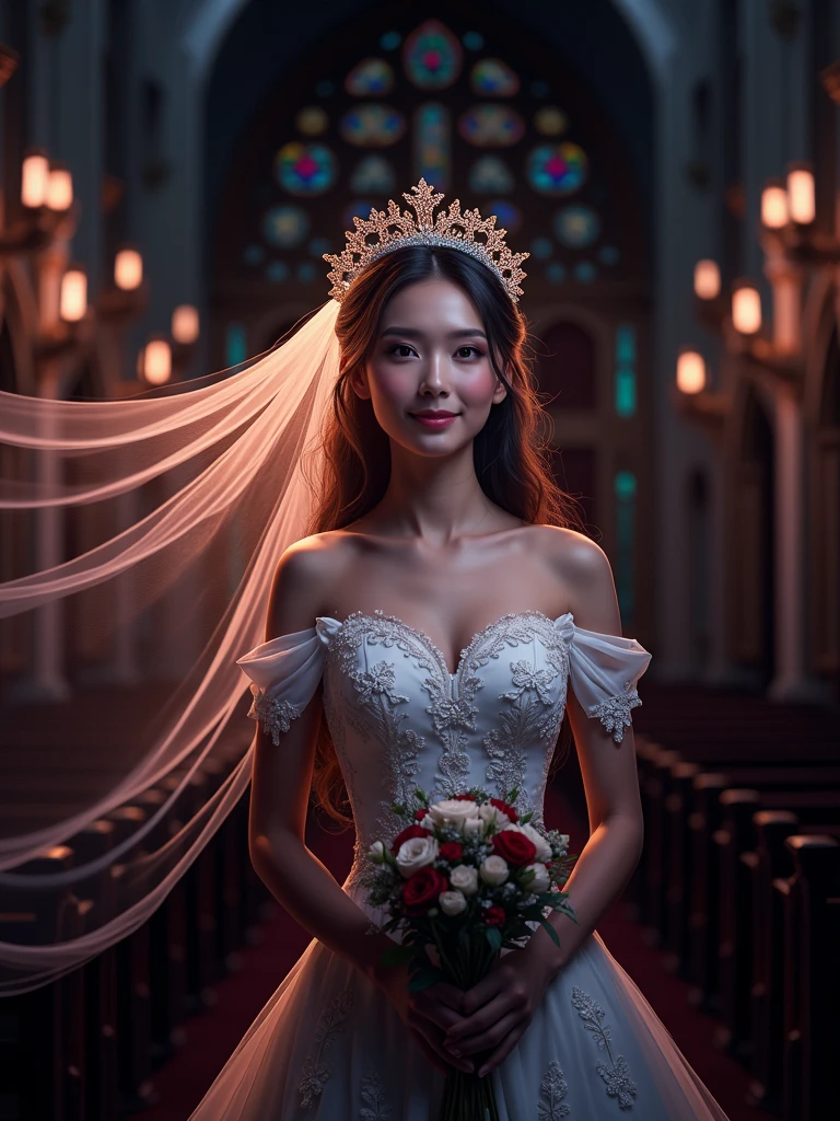(Masterpiece) A photorealistc portraif of a stunningly beautiful and extremely happy woman dressed as a bride, throwing her bouquet of flowers up to the air, standing on a field of fireflies, mirrors, photograph, wonder, amazement, night, cinematic lighting, empty wonder, amazement, cinematic, 8k, evening, view, empty, stock photo, movie still, cinematic lighting. photograph photograph, in the style of Martin Schoeller, detailed symmetric realistic face, extremely detailed natural texture, peach fuzz, long hair, masterpiece, absurdres, nikon d850 film stock photograph, kodak portra 400 camera f1.6 lens, extremely detailed, amazing, fine detail, rich colors, hyper realistic lifelike texture, dramatic lighting, unrealengine, trending on artstation, cinestill 800 tungsten, looking at the viewer, photo realistic, RAW photo, TanvirTamim, high quality, highres, sharp focus, extremely detailed, cinematic lighting, 8k uhd,-imagine-