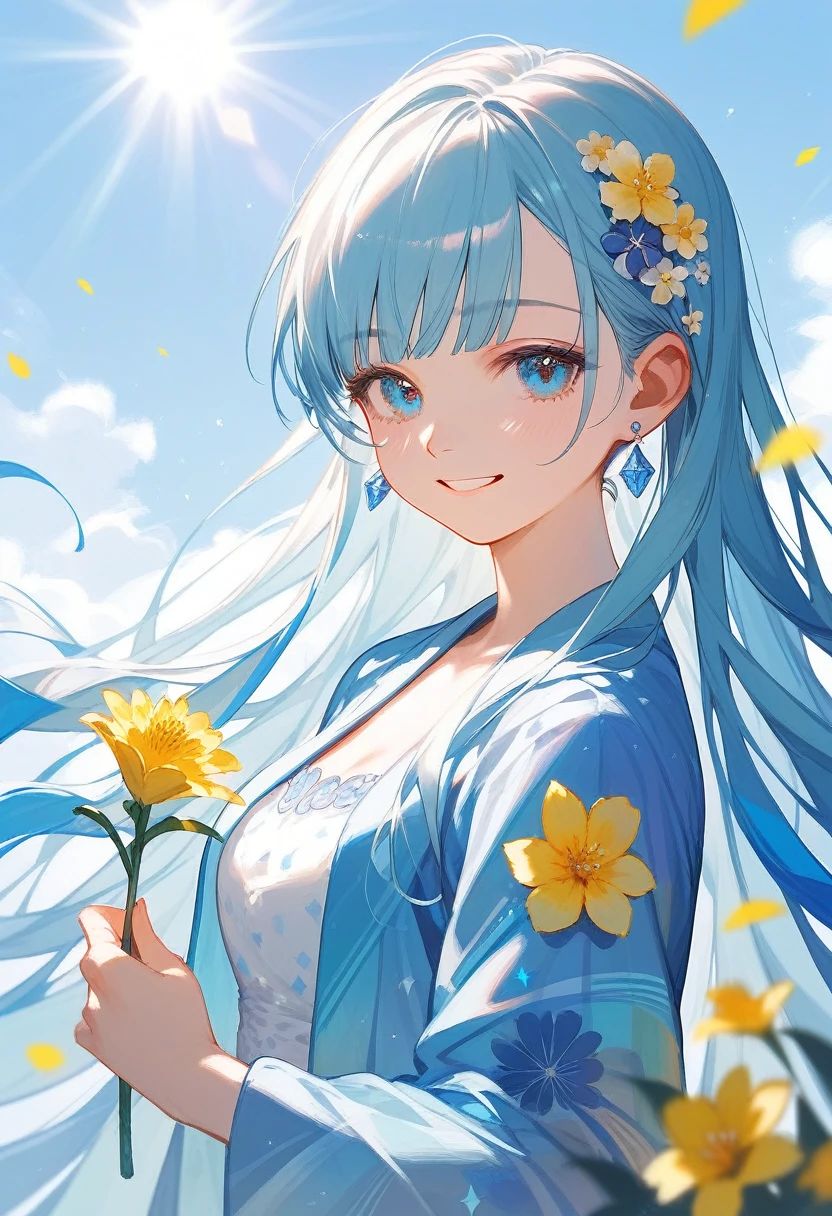 1girl,solo,girl with light sky blue very very long hair,and lapis blue eyes ,detailed hair strands and detailed eye iris ,the girl is wearing pastel blue robe with crystal pattern ,her hair is shining with yellow light from sun rays, and her eyes sparkling with colored highlights ,the girl is very cute and beautiful ,she s looking at the viewer and smiling and she holds beautiful flowers in her hand 