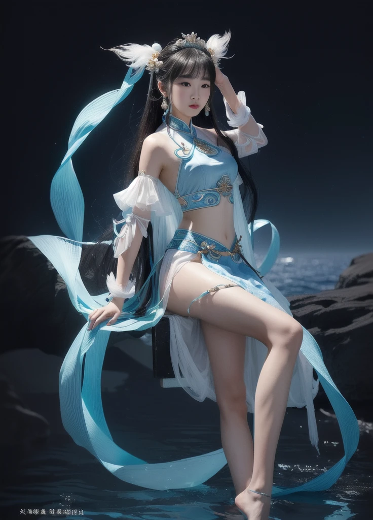 (best quality,Super detailed,actual:1.37), 1girl, red lips, mature female, makeup, portrait,beautiful young girl,young female model,river bank and rock or temple or bridge, sitting position,sitting on a rock,Soaked all over,masterpiece,extremely detailed description,Super beautiful paintings,Detailed face,Big breasts,slim figure,slender legs,sexy legs,Feminine pose,play with water,smiling,bright smile