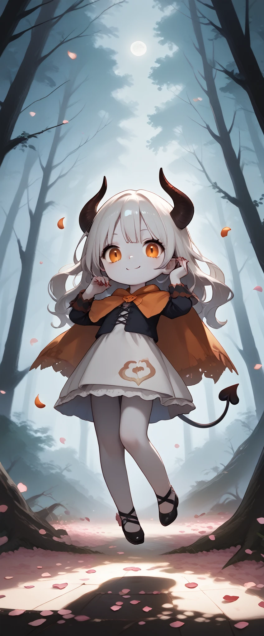 hzk,score_9, score_8_up, score_7_up, score_6_up, score_5_up, score_4_up ,(solo:1.7),1girl\((devil:1.7),cute,big eyes,white skin,pale skin,evil smile,long nail,orange eyes,(looking down:1.3),wearing capelet\((very big:1.5),(very long:1.3),(black),Tattered\), backlit, shadowed\), BREAK ,refreshing mood,(petals\(colorful,beautiful,in the air,(many)\):1.5),(dead trees), in the forest,(close-up of girl),beautiful moon