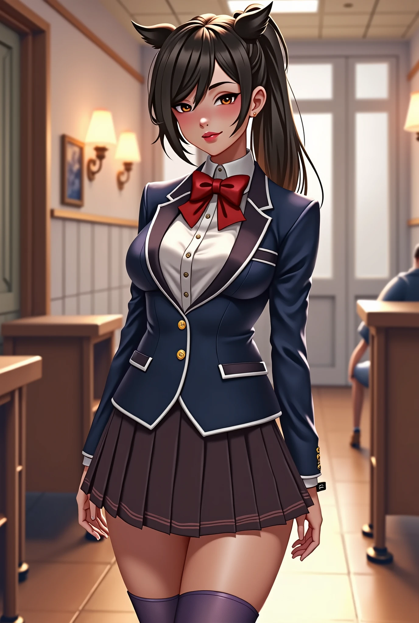 ((mesa, Best Quality, High resolution, NffSW, pixel perfect, 4k, NffSW, NffSW))), 1 girl in, single, Alone, beauty、full body seen、 ((Long shiny straight hair, hits, shiny black hair, con ponytail, hair tubes)), ((Light brown eyes, Beautiful eyelashes, realistic eyes)), ((detailed face, blush:1.2)), ((Smooth texture:0.75, realistic texture:0.65, photorealistic:1.1, cg anime style)), big breasts, dynamic angle, perfect body, ((red bow tie, School uniform, black jacket, open jacket, brown cardigan, White shirt, black skirt, plaid skirts)), city staircase、Looking up from the bottom of the stairs.、Very embarrassing panic smile., turned around、bending forward、Touch the buttocks with both hands、round butt tits, perfect curves.
