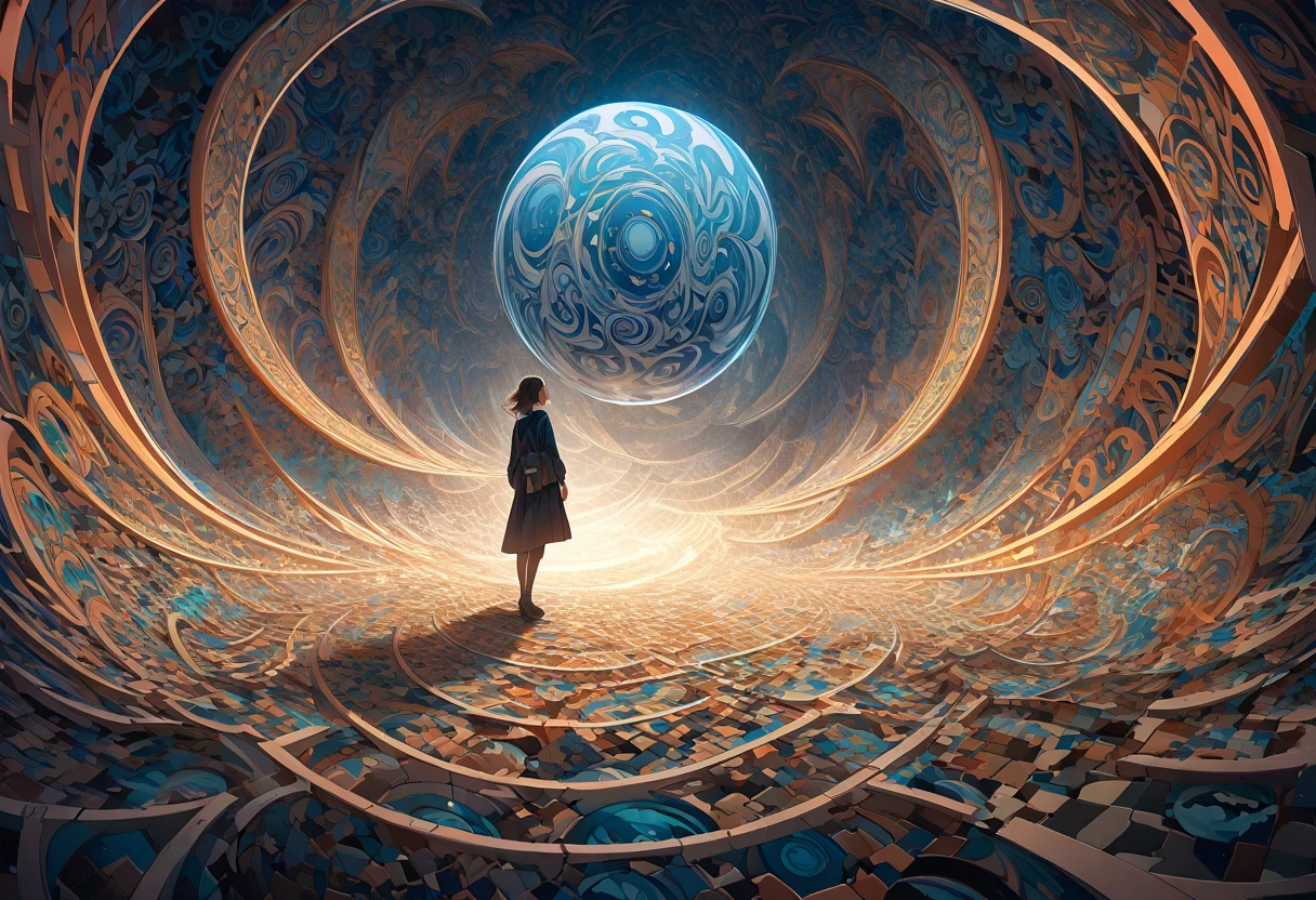 An eerie, labyrinthine room filled with shifting walls and ever-changing angles, where reality seems to bend and distort. The floor is covered in intricate, swirling patterns that seem to move and twist underfoot, leading the eye into an infinite void. The walls are lined with bizarre, shifting artwork that changes shape and color depending on the viewer’s perspective. Strange, floating orbs of light provide an ethereal glow, casting long, distorted shadows that seem to dance and flicker across the room. The atmosphere is disorienting and otherworldly, a place where the boundaries of reality and illusion are blurred beyond recognition. (Surreal composition), (Highly detailed), (8K resolution), (Otherworldly lighting), (Mind-bending), (Escher-like)