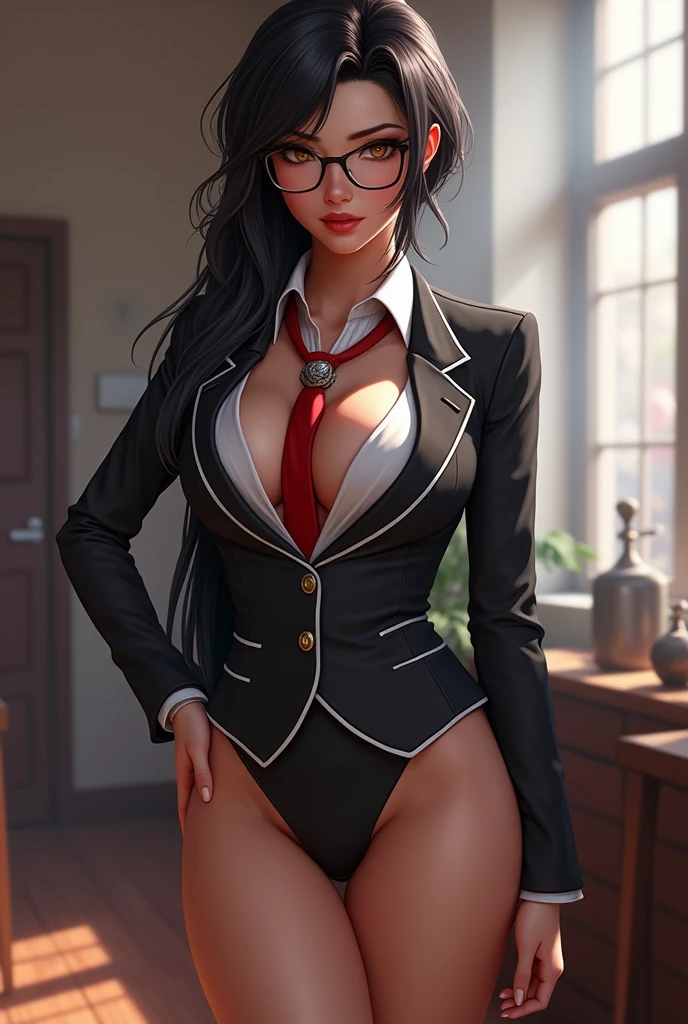 A girl in a bunny suit in a library, Sitting on the floor, People in the background々, Wrist cuff, Detachable collar, fishing net, Black shiny outfit, Tight bunny suit, Beautiful Face, Detailed lips, crowded library