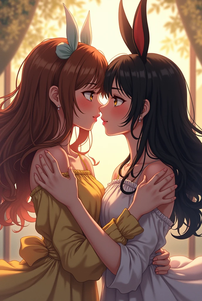 high quality, masterpiece, ultra-detailed, lingerie, thigh highs, extremely coloured, 2 girls, beautiful, shiny skin, enchanting eyes, long hair, fox ears, balloons, kissing each other, yuri, ridiculously large breasts, laying on bed