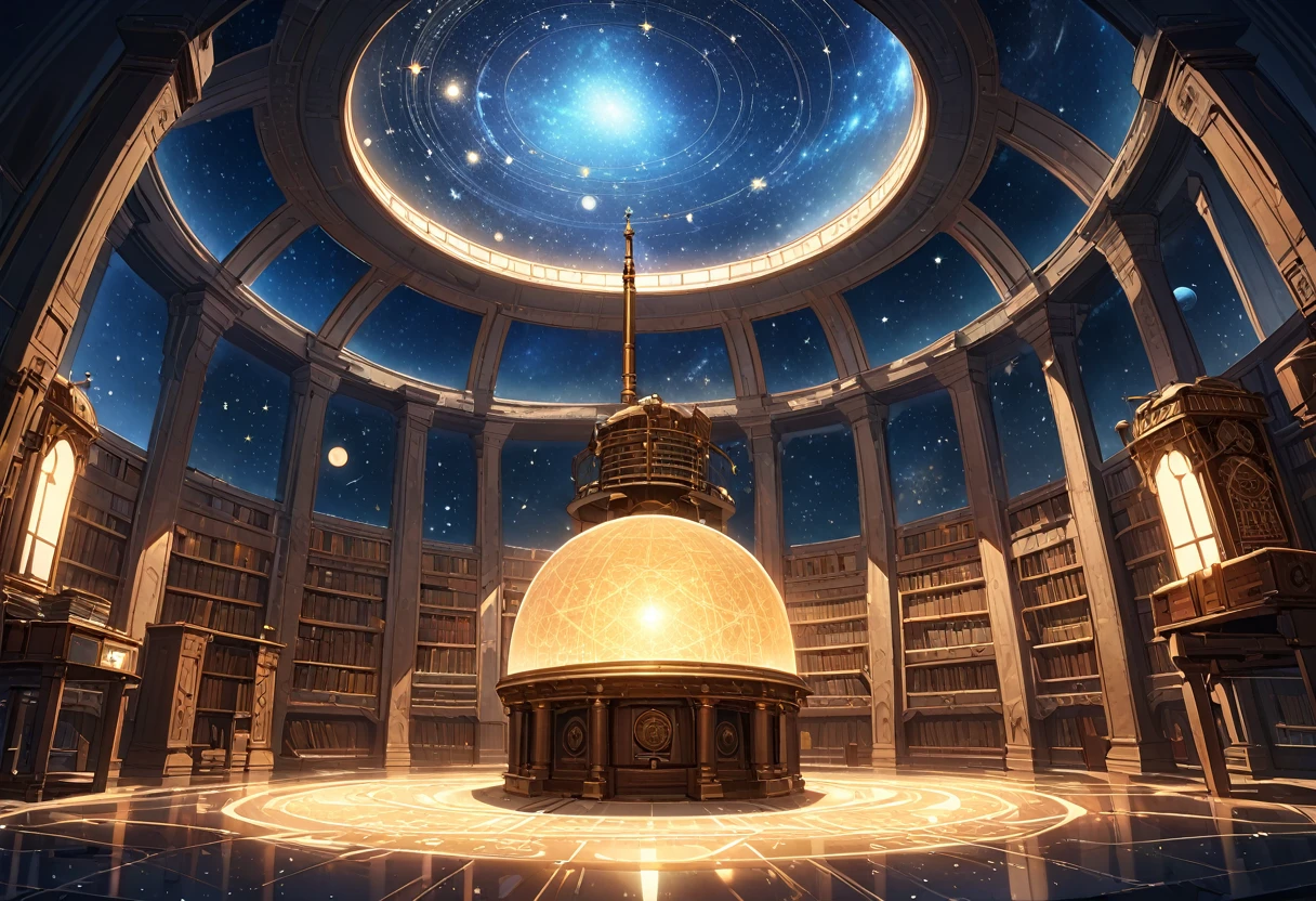 A towering, ancient observatory perched on the edge of a cliff, overlooking a vast, star-filled sky. The stone structure is weathered but grand, with intricate carvings of celestial bodies adorning its walls. Inside, a massive, antique telescope is pointed toward the heavens, surrounded by dusty, parchment-filled desks and brass instruments. The room is lit by the soft glow of starlight streaming through a large, domed skylight above, illuminating the intricate star charts and astrological symbols etched into the floor. The atmosphere is one of awe and mystery, a place where the secrets of the cosmos are studied and guarded. (Celestial atmosphere), (Highly detailed), (8K resolution), (Atmospheric lighting), (Mystical), (Ancient knowledge)