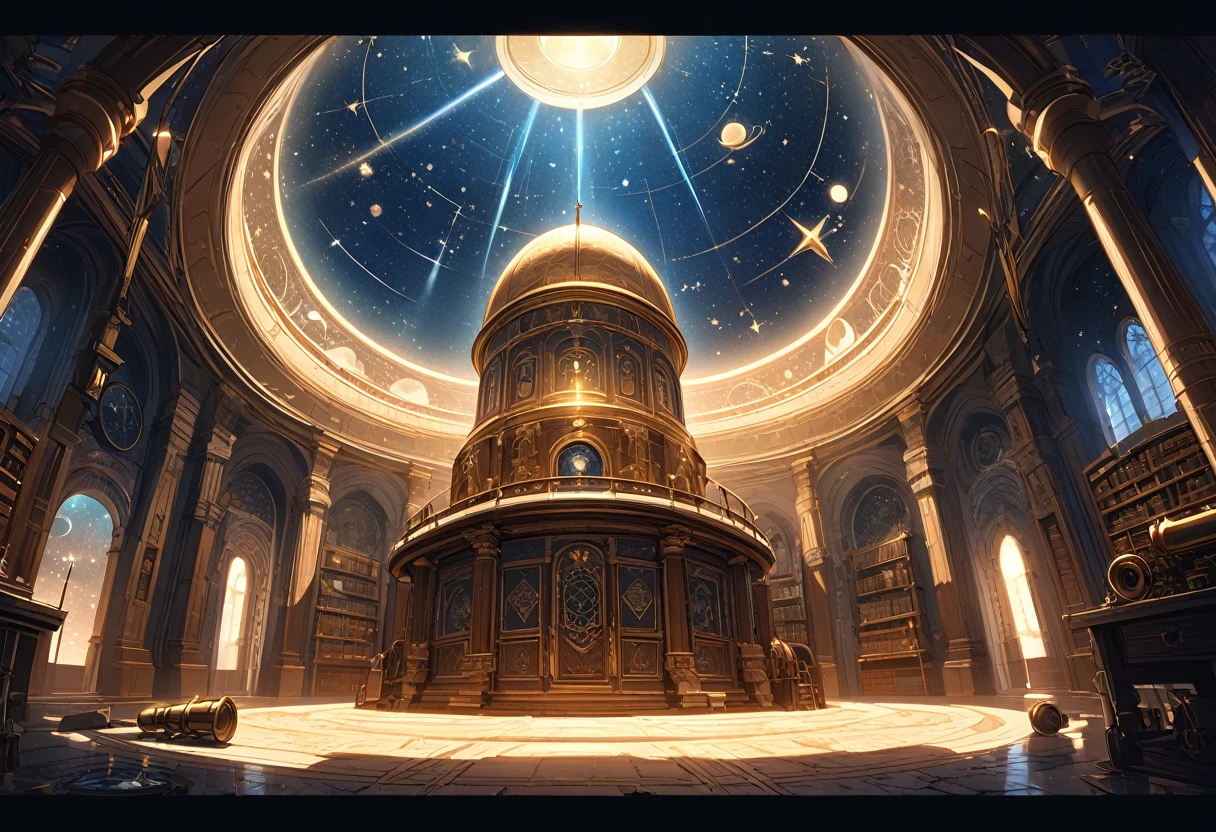 A towering, ancient observatory perched on the edge of a cliff, overlooking a vast, star-filled sky. The stone structure is weathered but grand, with intricate carvings of celestial bodies adorning its walls. Inside, a massive, antique telescope is pointed toward the heavens, surrounded by dusty, parchment-filled desks and brass instruments. The room is lit by the soft glow of starlight streaming through a large, domed skylight above, illuminating the intricate star charts and astrological symbols etched into the floor. The atmosphere is one of awe and mystery, a place where the secrets of the cosmos are studied and guarded. (Celestial atmosphere), (Highly detailed), (8K resolution), (Atmospheric lighting), (Mystical), (Ancient knowledge)