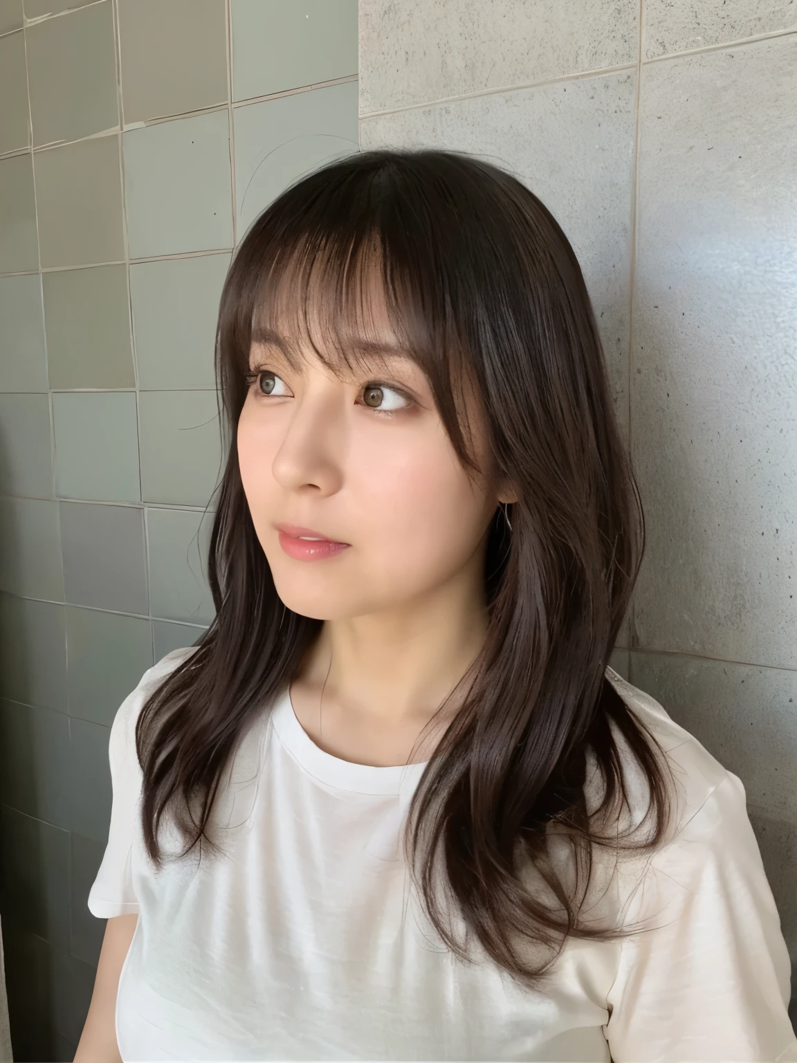 Short sleeve shirt、４０A slightly overweight Japanese woman in her twenties、(Gray tile wall background、Close ~ eyes、face down)、profile、Layered Cut、Very delicate hair、(In a room with white walls and windows)、((Highest quality、8k、masterpiece:1.3))、Ultra-high resolution、(photoGenuineistic:1.4)、RAW Photos、Japanese,(detailed aspects)、Genuine、Photographed in natural light、Highly detailed face and skin texture、Highly detailed lips、The correct state of the human body、Medium Hair、Bob、Various poses、Natural color lip