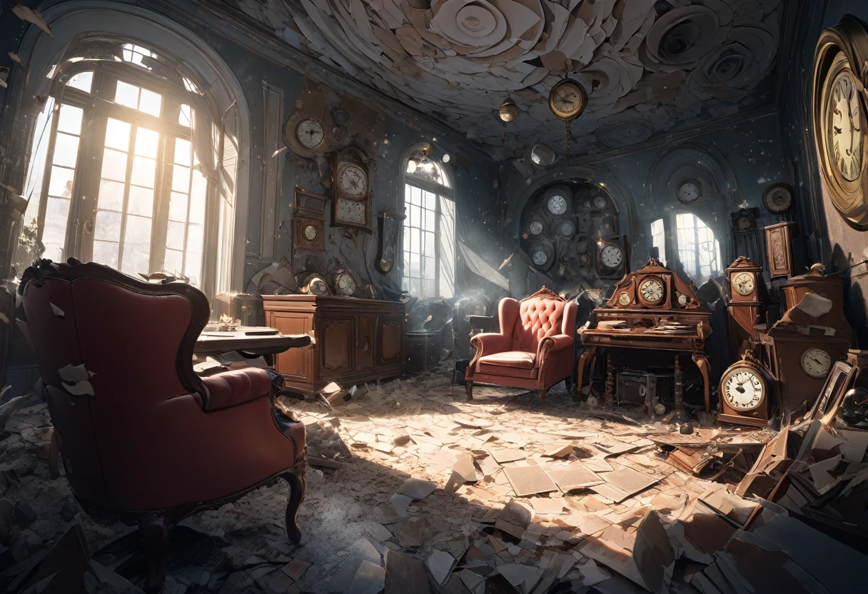 A room where time appears to have fractured and splintered, with objects from different eras scattered haphazardly around. The walls are cracked and peeling, with old-fashioned clocks of various styles hanging at odd angles, each ticking away at a different speed. In one corner, a grand Victorian armchair is covered in dust, while a sleek, futuristic console sits beside it, flickering with erratic light. The ceiling is partly collapsed, revealing the swirling chaos of a temporal vortex above, with fragments of history swirling within. The room is bathed in an eerie, shifting light, as if time itself is unstable here. (Time-warped), (Surreal), (Highly detailed), (8K resolution), (Temporal distortion), (Bokeh effect)