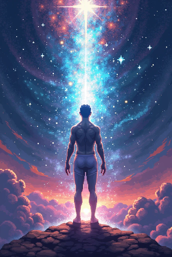 Shirtless man caught watching a world woven in space