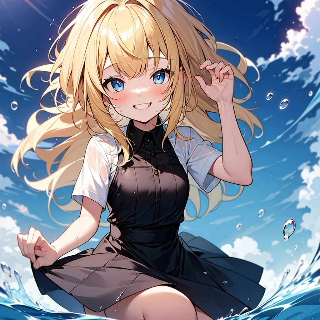 (8k, Highest quality, masterpiece: 1.2),Ultra-high resolution, 1 person, cute, Small breasts, solo,Highly detailed face, School Uniform, Waiter Skirt, Black Dress, Medium, Blonde, Blue Eyes, Ocean, Wavy, splash, Childlike, The best smile, soaked