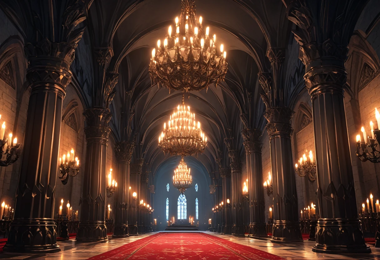 A vast, Gothic-style great hall with towering, vaulted ceilings supported by dark, stone pillars. The room is illuminated by flickering candlelight from massive, wrought-iron chandeliers hanging above. The walls are adorned with rich, dark tapestries depicting ancient battles and legends, while the floor is covered in a deep, crimson carpet. At one end of the hall, a large, intricately carved fireplace roars with a crackling fire, casting long shadows across the room. The atmosphere is one of grandeur and dark elegance, perfect for a gathering of powerful and enigmatic figures. (Gothic grandeur), (Highly detailed), (8K resolution), (Candlelit), (Dark elegance), (Bokeh effect)