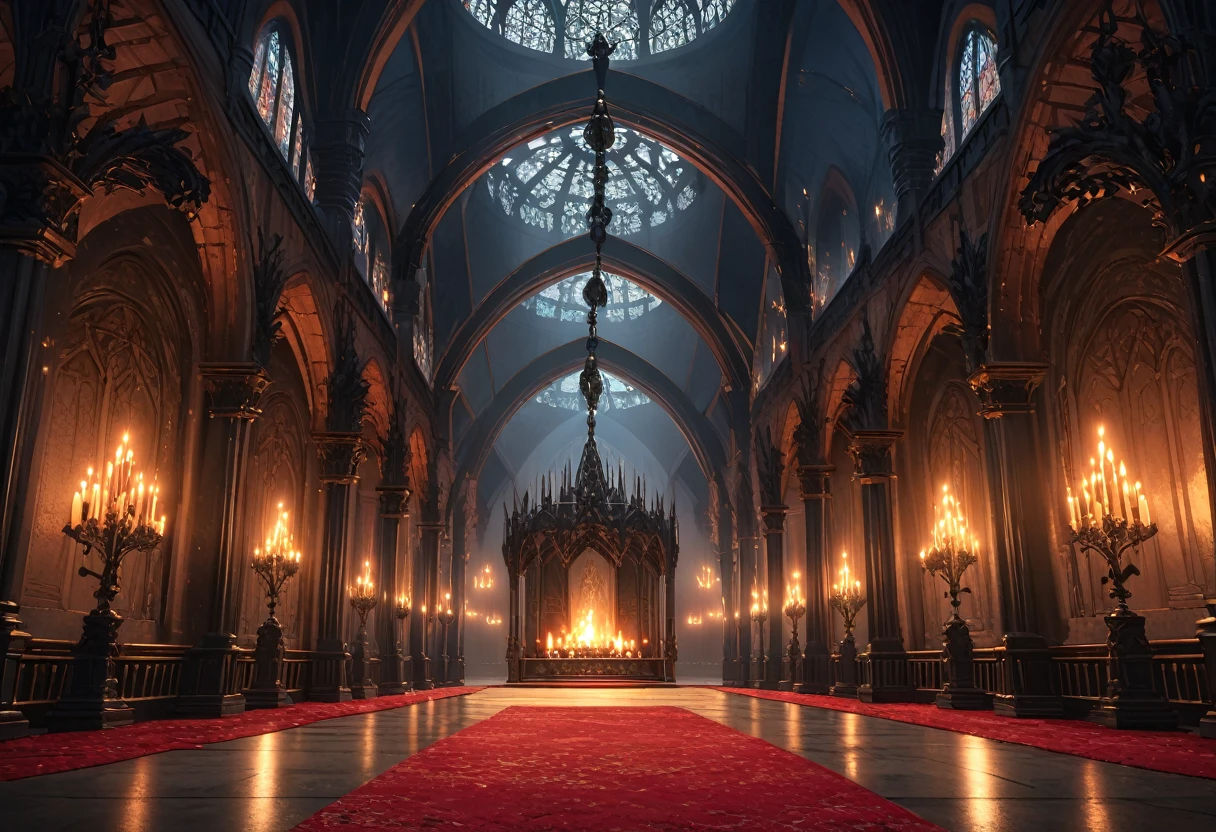 A vast, Gothic-style great hall with towering, vaulted ceilings supported by dark, stone pillars. The room is illuminated by flickering candlelight from massive, wrought-iron chandeliers hanging above. The walls are adorned with rich, dark tapestries depicting ancient battles and legends, while the floor is covered in a deep, crimson carpet. At one end of the hall, a large, intricately carved fireplace roars with a crackling fire, casting long shadows across the room. The atmosphere is one of grandeur and dark elegance, perfect for a gathering of powerful and enigmatic figures. (Gothic grandeur), (Highly detailed), (8K resolution), (Candlelit), (Dark elegance), (Bokeh effect)