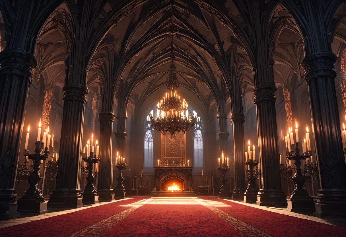 A vast, Gothic-style great hall with towering, vaulted ceilings supported by dark, stone pillars. The room is illuminated by flickering candlelight from massive, wrought-iron chandeliers hanging above. The walls are adorned with rich, dark tapestries depicting ancient battles and legends, while the floor is covered in a deep, crimson carpet. At one end of the hall, a large, intricately carved fireplace roars with a crackling fire, casting long shadows across the room. The atmosphere is one of grandeur and dark elegance, perfect for a gathering of powerful and enigmatic figures. (Gothic grandeur), (Highly detailed), (8K resolution), (Candlelit), (Dark elegance), (Bokeh effect)