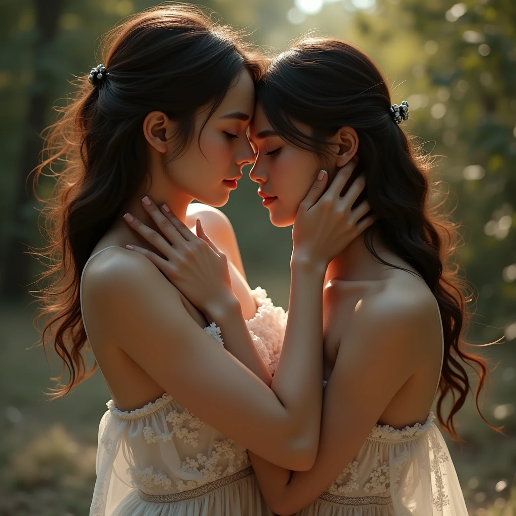 Two girls (13 years old), naked, identical, clones, passionately kissing with hands on butts and chests