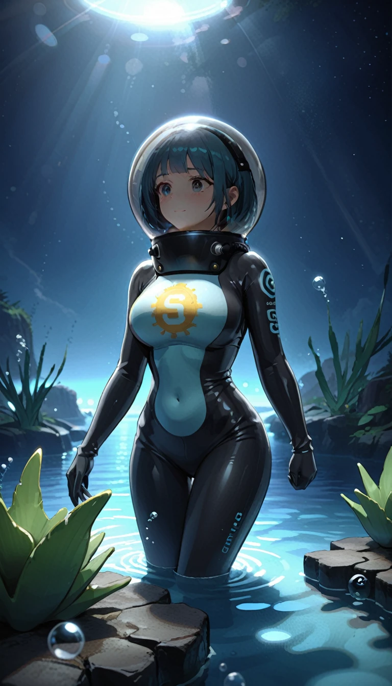 photograph (Many girls:1.4), Aztec, Old scuba helmet, , top of the castle, (In the water:1.2) , seaweed, fish, Bioluminescence, Futuristic, sf, Bokeh, Lighting (Volumetric, Cinematic, Dim blue), caustic, Depth of written boundary, baburuherumetto, Space Helmet, short hair, Air bubbles, Hand in hand, look up