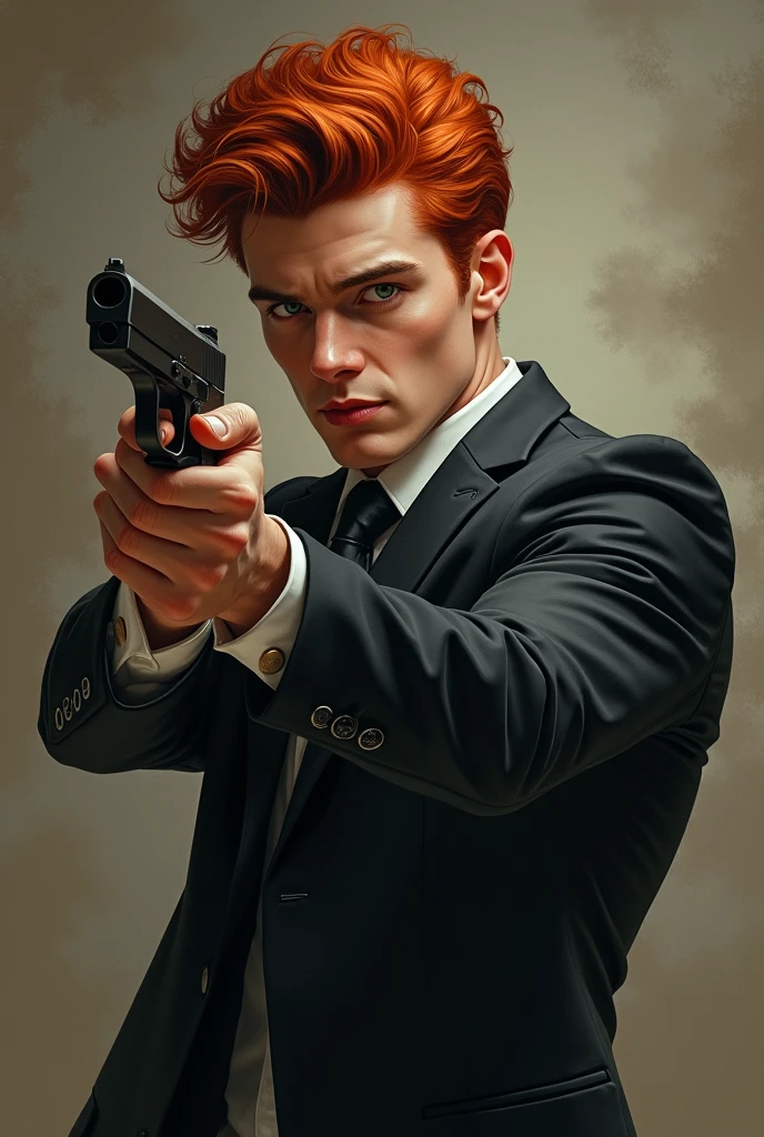 A young man in a suit, handsome, red-haired, with very curly hair and a gun