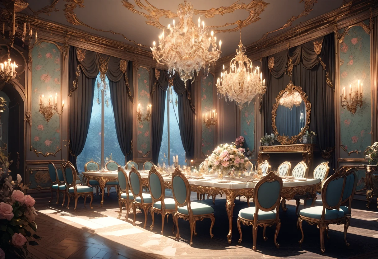 A grand Rococo-style dining room with a long, intricately carved table set with fine china and silverware. The walls are adorned with pastel-colored, floral wallpaper and large, gilded mirrors reflecting the light of a massive, crystal chandelier hanging above. The chairs are upholstered in rich, velvet fabric with ornate, gold trim, arranged around the table in a perfect, symmetrical pattern. The air is filled with the faint scent of fresh flowers and candle wax, creating a slightly eerie, almost otherworldly atmosphere. The room feels both luxurious and slightly unsettling, as if it holds secrets hidden beneath its opulent surface. (Rococo elegance), (Highly detailed), (8K resolution), (Eerie lighting), (Luxurious), (Bokeh effect)