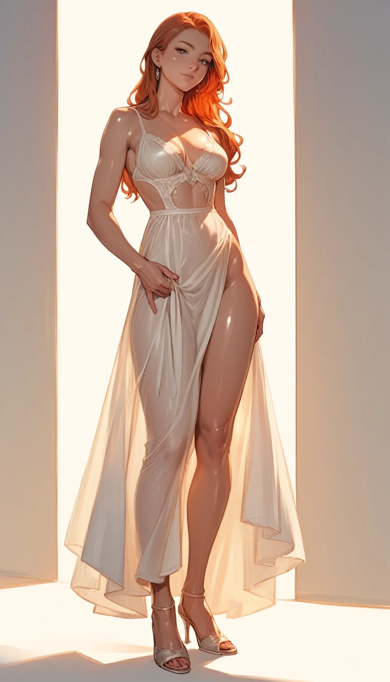 A very long straight silky red haired sweden girl, bang, green eyes, 20 years old, young, pale skin, Ultra high res, uhd, (photorealistic:1.4), doll-like face, in a illuminated room dramatic lighting, shy, full body shot, a towel wrapping around her body