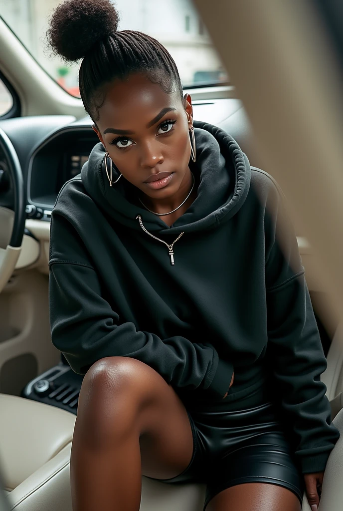 Black woman wearing leather short shorts up in crack black hoodie hair in a bun setting in car seat camera in between legs legs spread out