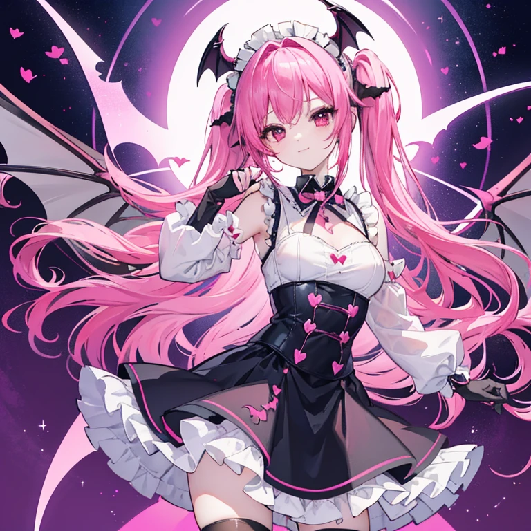 one girls、cold pink eyes, pink clothes, goth, kawaii style, y2k, masterpiece, best quality, finely detailed, high resolution, 1girl, black long hair with pink highlights in hair, black hair, pink streaks in hair, pink eyes, bangs, goth, vampire, pigtails, skull, thigh high socks, white pleated ruffle skirt, sexy, big , nsfw
 