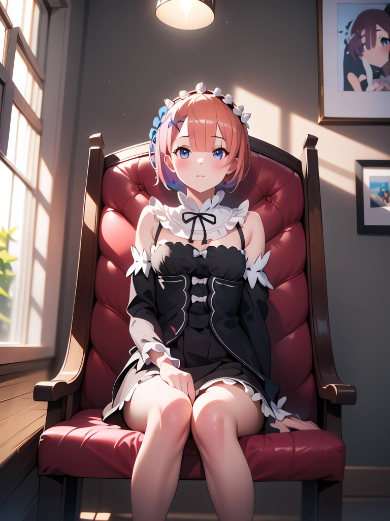 masterpiece, vibrant colours, best quality, detailed, highres, absurdres, score_9, score_8_up, score_7_up, 1girl, solo, ram1, ram \(re:zero\), indoors, sitting