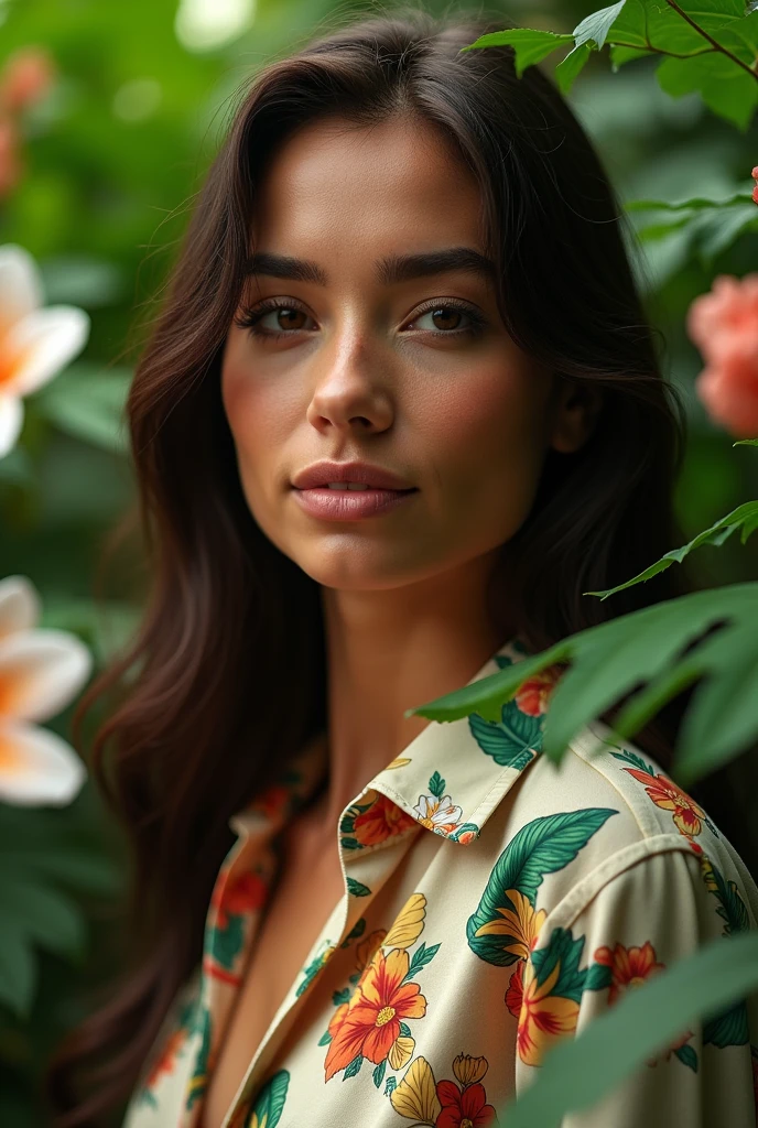 A Brazilian woman in a lush tropical garden, wearing an open shirt with a floral print, with a close-up capturing the harmonious beauty between her breasts and the natural flowers, showing off your natural charm and outgoing personality.