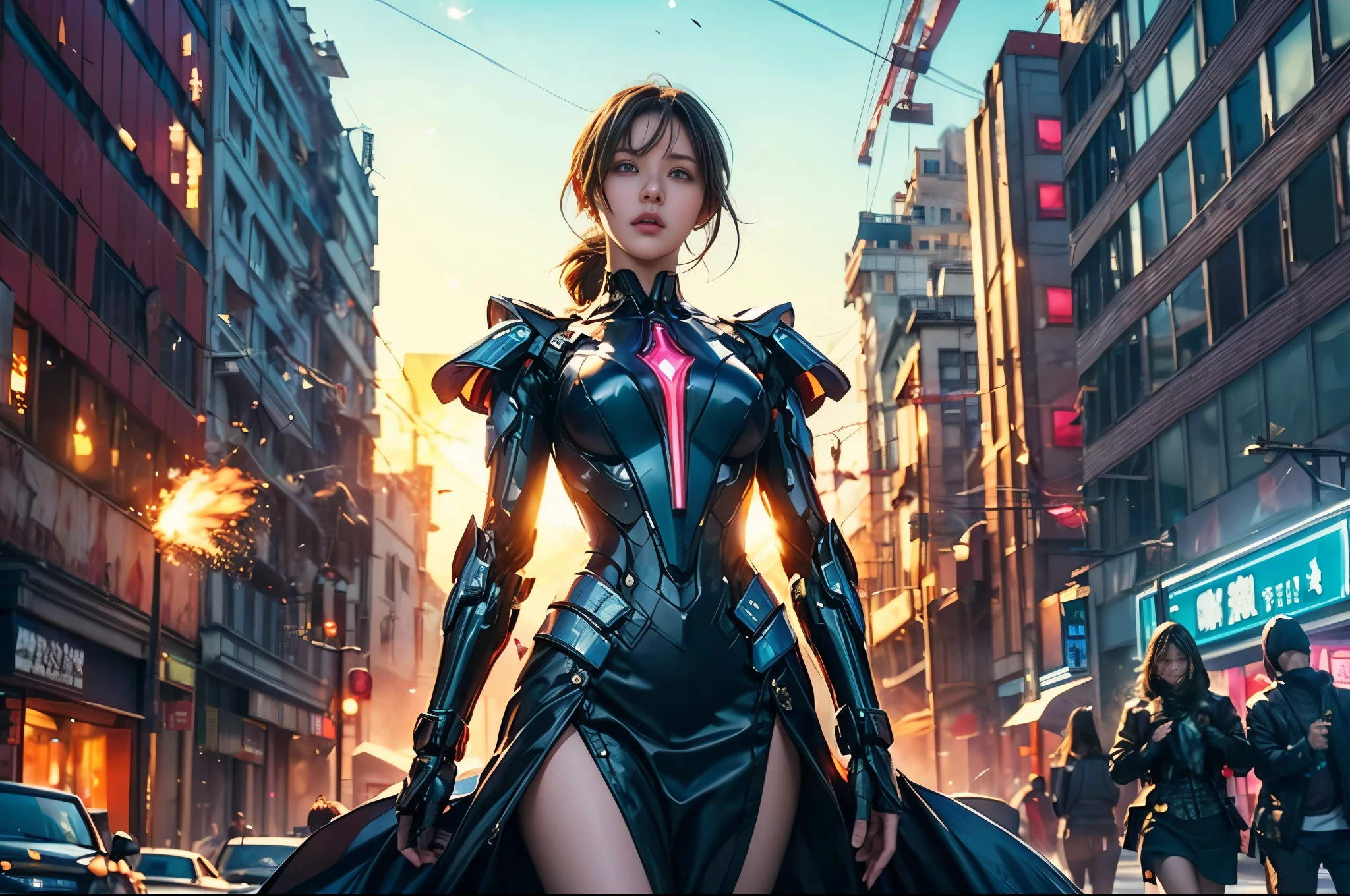 (Highest quality、4K、8k、High resolution、masterpiece: 1.2)、Very detailed、(Genuine、photoGenuineistic、photoGenuineistic: 1.37)、Destruction of a Great City、(A woman with telekinetic powers stands in front of a mecha operated by the invaders:1.37) 、(Women are young and beautiful:1、Unparalleled beauty:1.5)、Inserting mental barriers to resist robot attacks、Bustling city、Bright colors、Shining skyscrapers、Busy Street、Futuristic architecture and technology、Advanced holographic displays、Neon light splashes 、Dramatic lighting、Strong Shadows、The awe-inspiring power of women、There was determination in his eyes、Elegant flowing gown、Dynamic action in the wind、Stretch your arms out and lunge towards the robot.、A powerful energy blasts from the hands.、blue shining aura、sparks of electricity、Electricity crackling in the air、The vortex of energy surrounding women、A fascinating and surGenuine atmosphere、A sense of danger and impending doom、Background chaos and destruction、Crumbling Building、flying debris、Smoke and flames、 The contrast between beauty and destruction、The battle between technology and the extraordinary power of young women。